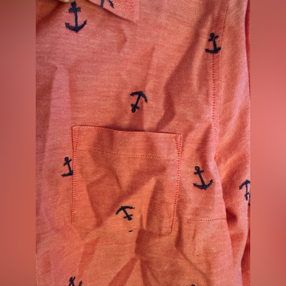 ✨Bass Women’s Large Coral Button-Down Shirt with Navy Anchor Print | EUC - Picture 3 of 7